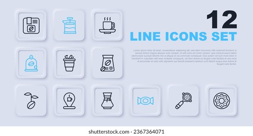 Set line Coffee filter holder, Donut, cup to go, Candy, Bag coffee beans, Location with, French press and Pour over maker icon. Vector