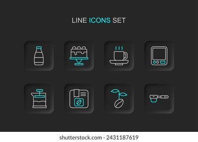 Set line Coffee filter holder, beans, Bag coffee, French press, Electronic scales, cup, Cake and Milk bottle icon. Vector