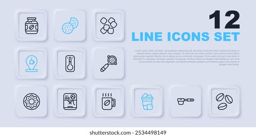 Set line Coffee filter holder, beans, thermometer, Iced coffee, Location with cup, machine, Cookie or biscuit and  icon. Vector
