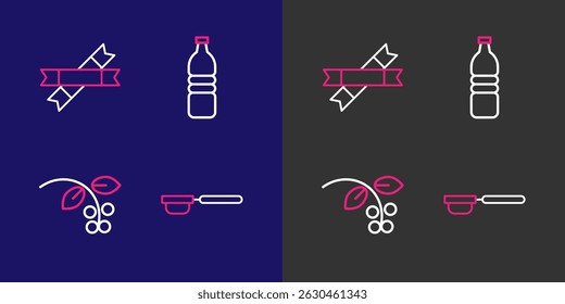 Set line Coffee filter holder, bean, branch, Bottle water and Sugar stick packets icon. Vector