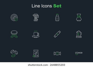 Set line Coffee filter holder, Candy, Bag coffee beans, Electric kettle, Sugar stick packets, cup and table icon. Vector