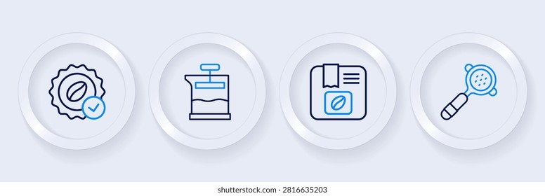 Set line Coffee filter holder, Bag coffee beans, French press and Medal for icon. Vector