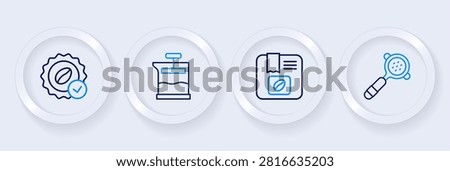 Set line Coffee filter holder, Bag coffee beans, French press and Medal for icon. Vector