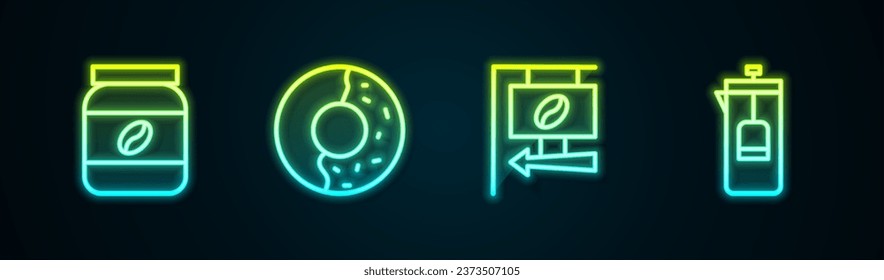Set line Coffee jar bottle, Donut with sweet glaze, Street signboard coffee and French press. Glowing neon icon. Vector