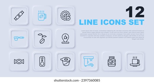 Set line Coffee jar bottle, cup, beans, machine, filter holder, thermometer,  and Pour over coffee maker icon. Vector