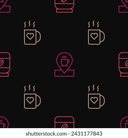 Set line Coffee jar bottle, cup and heart and Location with coffee on seamless pattern. Vector