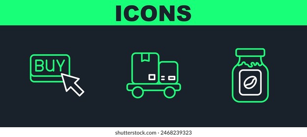 Set line Coffee jar bottle, Buy button and Hand truck and boxes icon. Vector