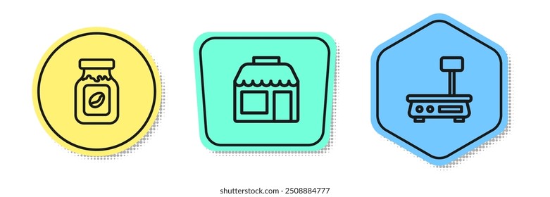 Set line Coffee jar bottle, Market store and Electronic scales. Colored shapes. Vector