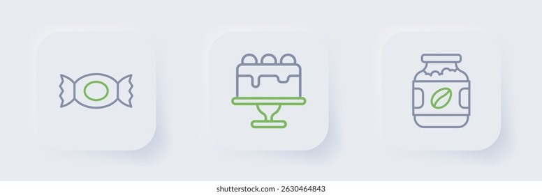 Set line Coffee jar bottle, Cake and Candy icon. Vector