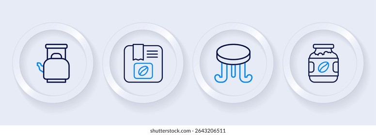 Set line Coffee jar bottle, table, Bag coffee beans and Kettle with handle icon. Vector