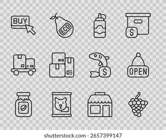 Set line Coffee jar bottle, Grape fruit, Sauce, Canned food, Buy button, Cash register machine, Market store and Hanging sign with Open icon. Vector