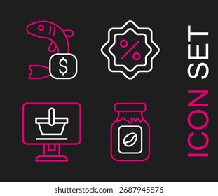 Set line Coffee jar bottle, Shopping cart on computer, Discount percent tag and Price for fish icon. Vector