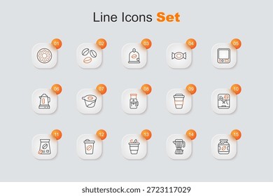 Set line Botella de tarro de café, cafetera moca, taza para llevar, bolso de granos de café, máquina e icono de molinillo eléctrico. Vector