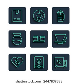 Set line Coffee Lovers, Electronic coffee scales, street truck machine, French press, cup to go, Pour maker, Bag beans and V60 icon. Vector