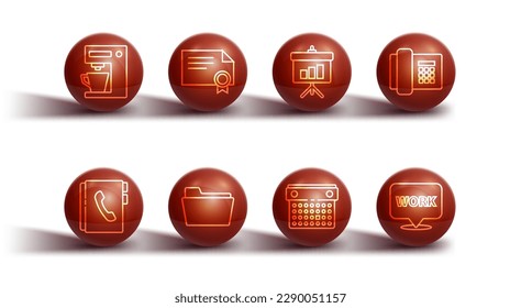 Set line Coffee machine, Address book, Telephone, Calendar, Document folder, Certificate template, Location with text work and Chalkboard diagram icon. Vector