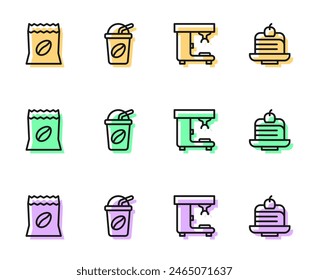 Set line Coffee machine, Bag coffee beans, Iced and Piece cake icon. Vector