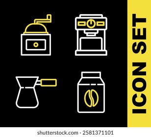 Set line Coffee machine, Bag coffee beans, turk and Manual grinder icon. Vector