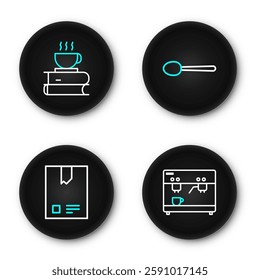 Set line Coffee machine, Bag coffee beans, Spoon and cup and book icon. Vector