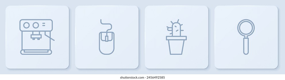 Set line Coffee machine, Cactus and succulent pot, Computer mouse and Magnifying glass. White square button. Vector