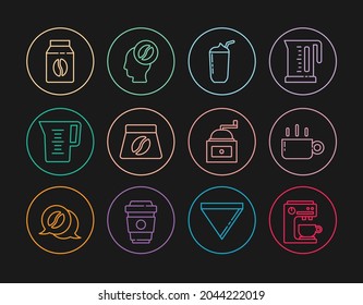 Set line Coffee machine, cup, Milkshake, Bag coffee beans, Jug glass with water, Manual grinder and Barista icon. Vector