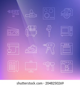 Set-line Kaffeemaschine und Tasse, Ofen, Mikrowellenofen, Gasherd, Luftkompressor, Radio, Rotary Hammer Bohrer und Baukasten Symbol. Vektorgrafik