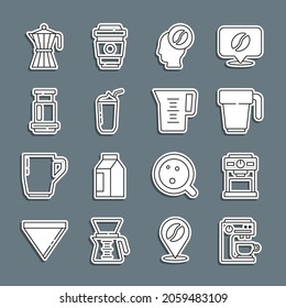 Set line Coffee machine, cup, Barista, Milkshake, Aeropress coffee, moca pot and Jug glass with water icon. Vector