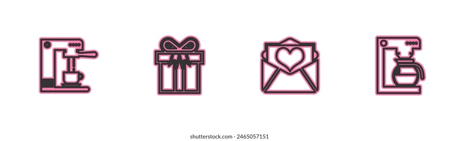 Set line Coffee machine and cup, Envelope with Valentine heart, Gift box and pot icon. Vector