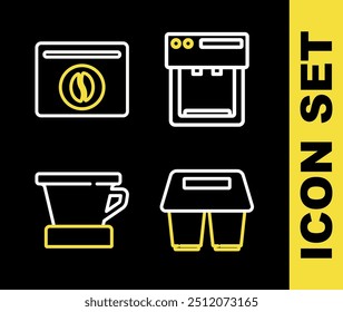 Set line Coffee machine, cup to go, V60 coffee maker and Bag beans icon. Vector