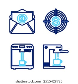 Set line Coffee machine and cup, Target with dollar and Mail e-mail icon. Vector