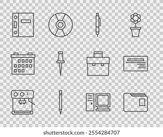 Set line Coffee machine, Document folder, Pen, Pencil with eraser, Office folders, Push pin, Computer monitor and Business card icon. Vector