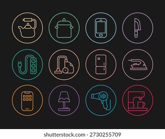 Máquina de café, plancha eléctrica, teléfono móvil, aspirador, extensión, hervidor de agua con mango, refrigerador y icono de la olla de cocina. Vector