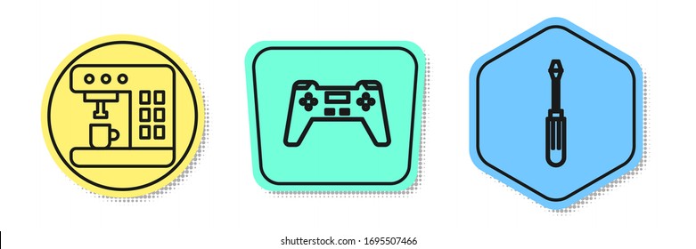 Set line Coffee machine, Gamepad and Screwdriver. Colored shapes. Vector