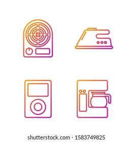 Set line Coffee machine with glass pot , Music player , Electric heater  and Electric iron . Gradient color icons. Vector