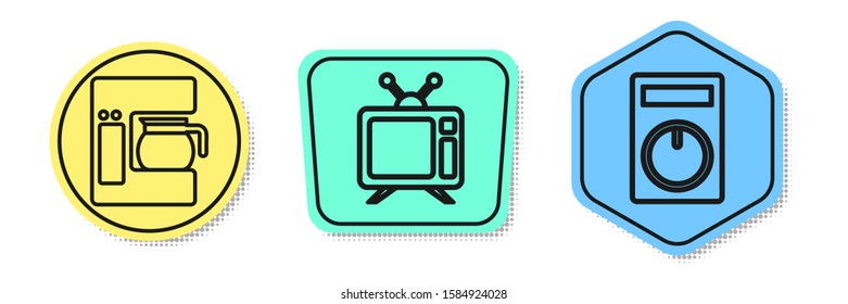 Set line Coffee machine with glass pot , Television and Remote control. Colored shapes. Vector