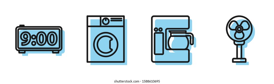 Set line Coffee machine with glass pot , Digital alarm clock , Washer  and Electric fan  icon. Vector