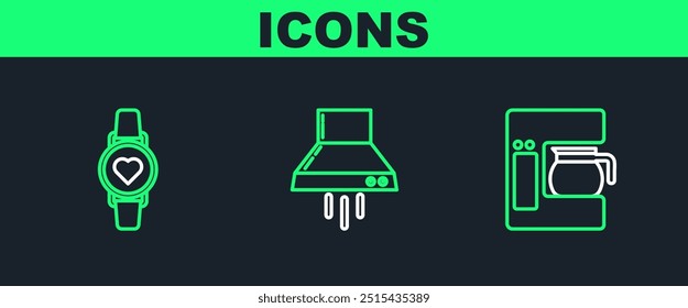 Set línea Máquina de café con olla de vidrio, reloj inteligente que muestra la frecuencia cardíaca y el icono del ventilador del extractor de cocina. Vector