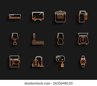 Set line Coffee machine with glass pot, Vacuum cleaner, Air conditioner, Electric mixer, Smart watch showing heart beat rate, Router and wi-fi signal, Scales and Table lamp icon. Vector