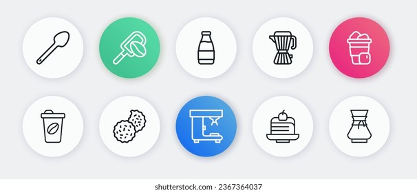 Set line Coffee machine, Iced coffee, cup to go, Piece cake, maker moca pot, Milk bottle, Pour over and Cookie or biscuit icon. Vector
