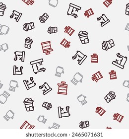 Set line Coffee machine, Iced coffee, Kettle with handle and French press on seamless pattern. Vector