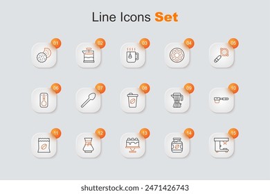 Set line Coffee machine, jar bottle, Cake, Pour over coffee maker, Bag beans, filter holder, moca pot and cup to go icon. Vector