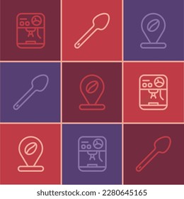 Set line Coffee machine, Location with coffee bean and Teaspoon icon. Vector