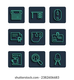 Set line Coffee machine, Magnifying glass for search people, Office chair, Computer mouse, Cup tea with tea bag, Certificate template, Calendar and Identification badge icon. Vector