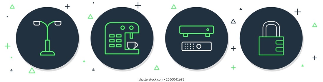 Set line Coffee machine, Multimedia and TV box, Street light and Safe combination lock icon. Vector