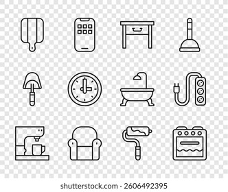Set line Coffee machine, Oven, Furniture nightstand, Armchair, Cutting board, Clock, Paint roller brush and Electric extension icon. Vector