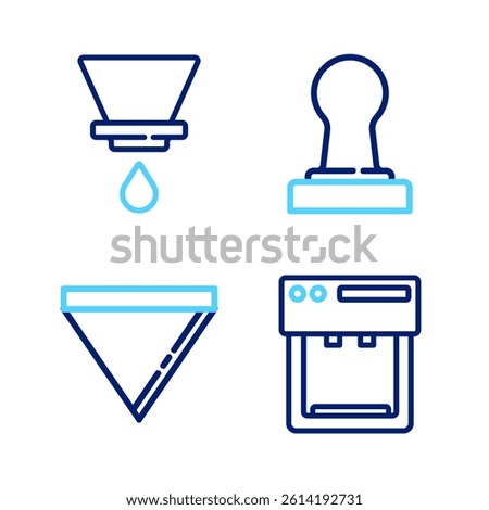 Set line Coffee machine, paper filter, tamper and V60 coffee maker icon. Vector