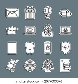 Set line Coffee machine with pot, Shield and heart rate, Shopping basket on laptop, Hot air balloon, Graduation cap, Envelope Valentine and Head gear inside icon. Vector