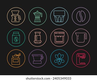 Set line Coffee machine, pot, Glass with water, Aeropress coffee, Bag beans, Pour over maker,  and moca icon. Vector