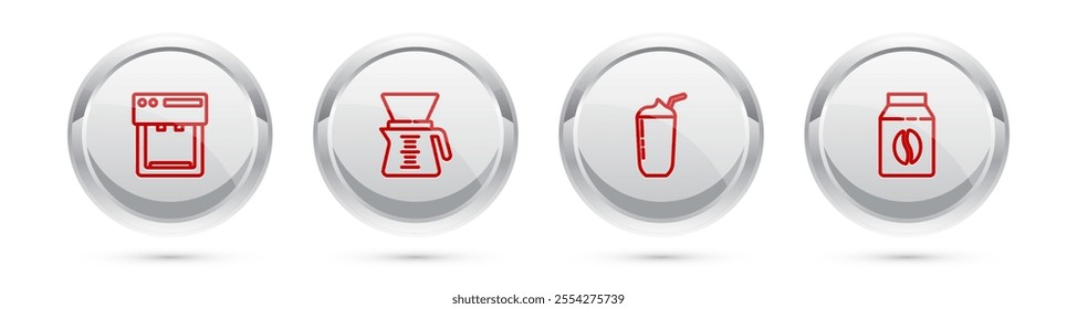 Set line Coffee machine, Pour over coffee maker, Milkshake and Bag beans. Silver circle button. Vector