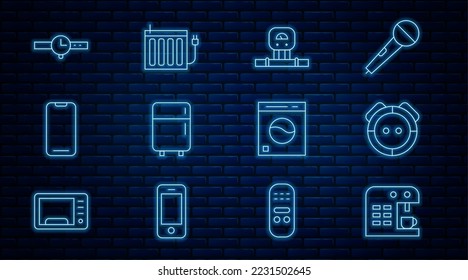 Set line Coffee machine, Robot vacuum cleaner, Smart sensor, Refrigerator, Smartphone, Wrist watch, Washer and Heating radiator icon. Vector