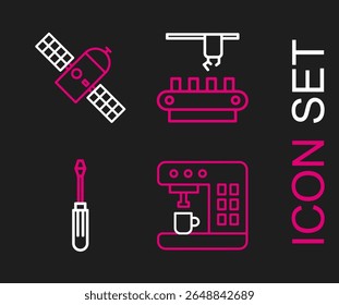 Set line Coffee machine, Screwdriver, Factory conveyor system belt and Satellite icon. Vector